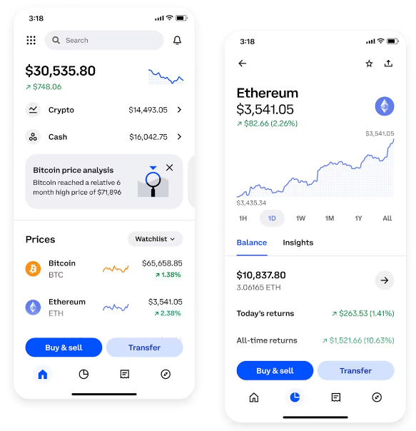 CoinBase mobile app showing crypto portfolio and Ethereum trading - $30,535.80 portfolio with Ethereum at $3,541.05