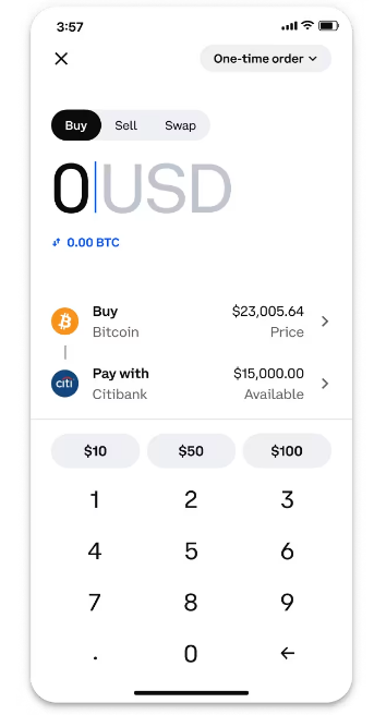 CoinBase cryptocurrency trading interface showing buy, sell, and store functionality