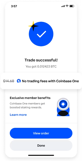 CoinBase One premium features interface showing zero trading fees and boosted rewards