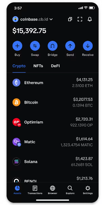 CoinBase Wallet interface for decentralized finance, NFTs, and crypto storage